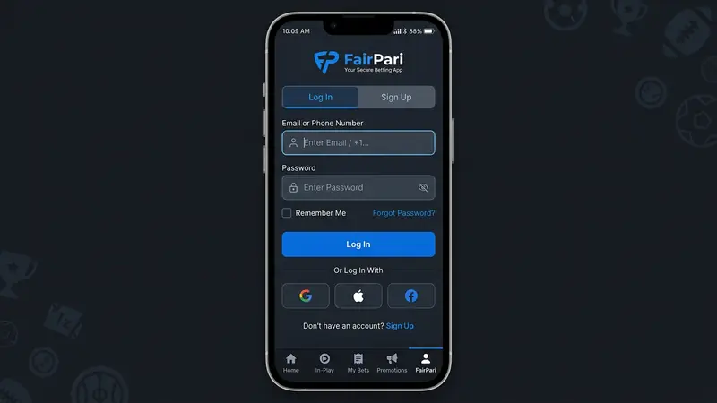 Fairpari registration and fairpari login form in FairPari app